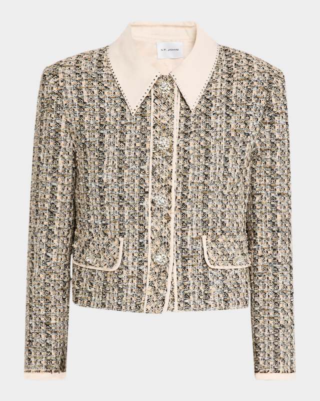 Stud-Collar Metallic Tweed Collage Jacket